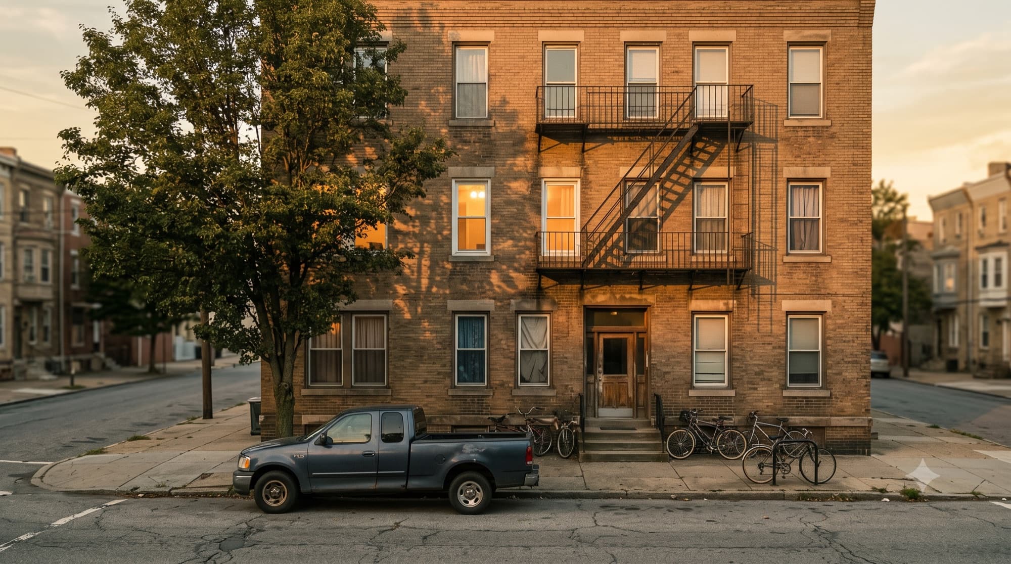 A modest three-story brick apartment building at golden hour, warm light in two windows, bicycles by the entrance and a pickup truck at the curb