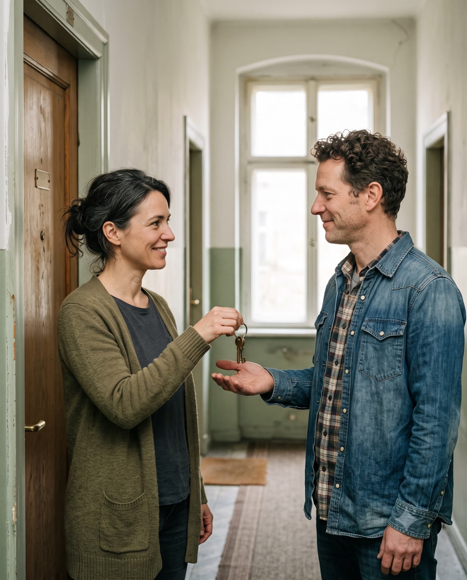 A landlord handing apartment keys to a smiling tenant in a bright hallway