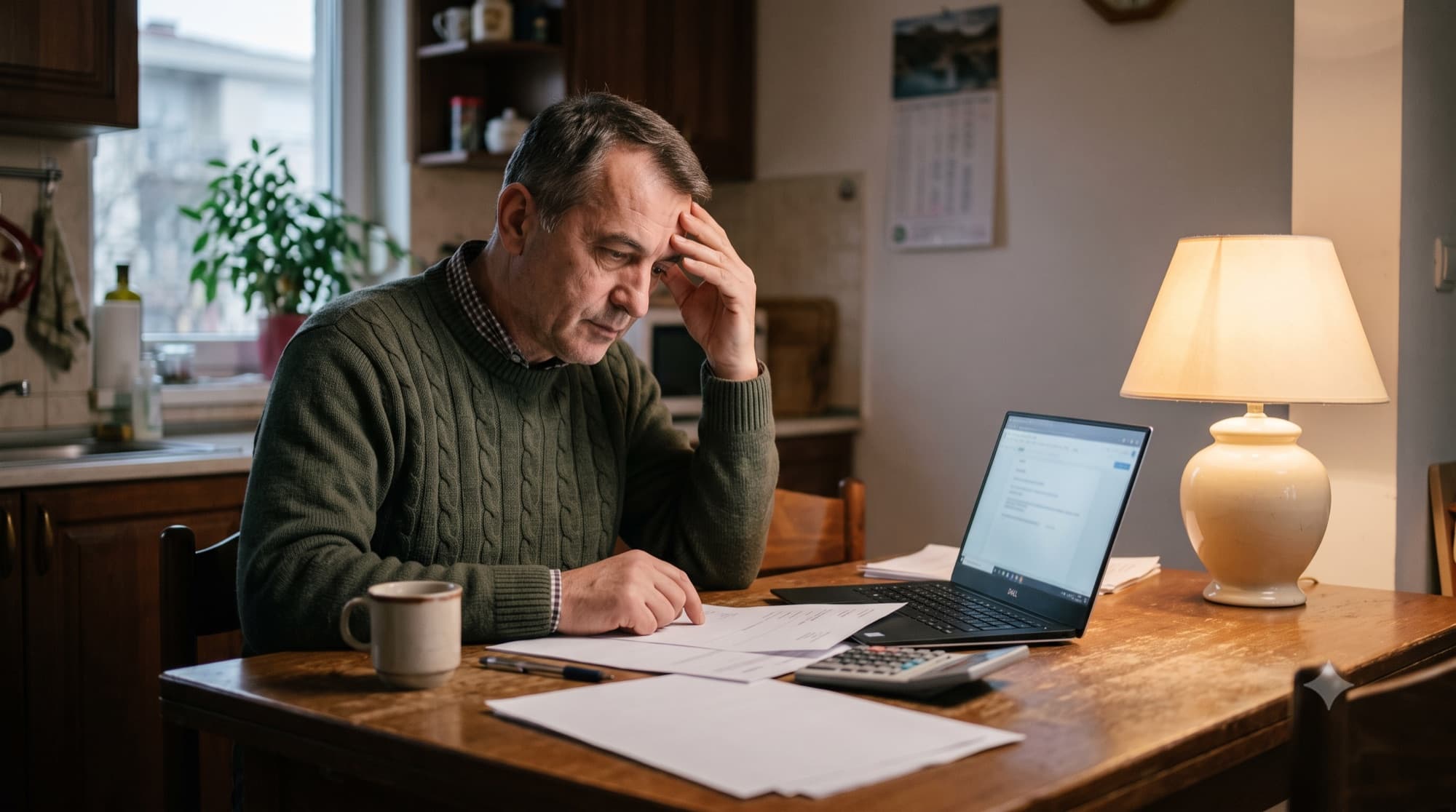 A landlord at his kitchen table in the evening, thinking over lease paperwork spread next to a laptop and a calculator